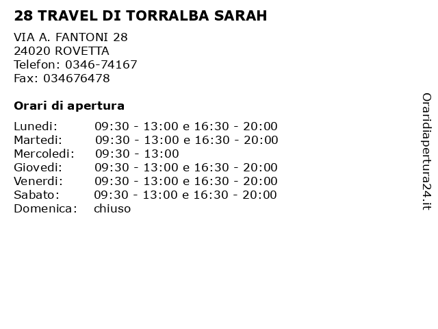 28 TRAVEL DI TORRALBA SARAH a ROVETTA: indirizzo e orari di apertura