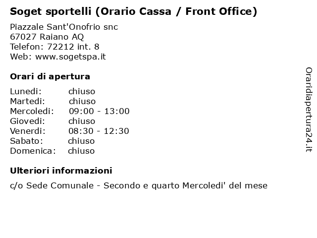 Soget sportelli (Orario Cassa / Front Office) a Raiano AQ: indirizzo e orari di apertura