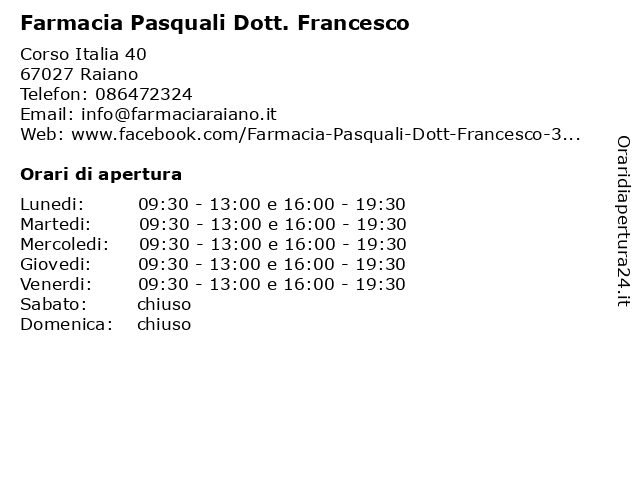 Farmacia Pasquali Dott. Francesco a Raiano: indirizzo e orari di apertura
