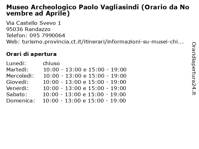 Museo Archeologico Paolo Vagliasindi (Orario da Novembre ad Aprile) a Randazzo: indirizzo e orari di apertura