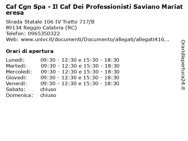 Caf Cgn Spa - Il Caf Dei Professionisti Saviano Mariateresa a Reggio Calabria (RC): indirizzo e orari di apertura