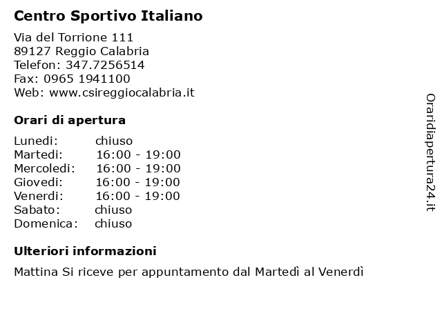 Centro Sportivo Italiano a Reggio Calabria: indirizzo e orari di apertura