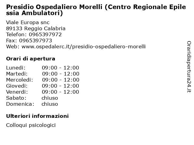 Presidio Ospedaliero Morelli (Centro Regionale Epilessia Ambulatori) a Reggio Calabria: indirizzo e orari di apertura