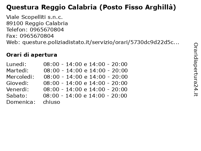 Questura Reggio Calabria (Posto Fisso Arghillà) a Reggio Calabria: indirizzo e orari di apertura