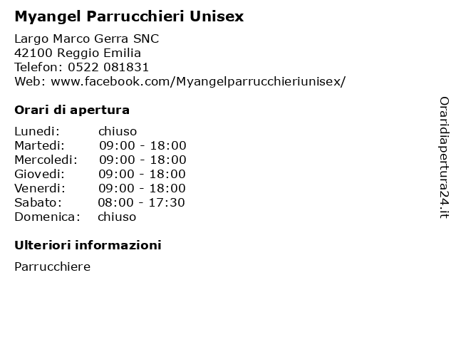 ᐅ Orari Myangel Parrucchieri Unisex | Largo Marco Gerra SNC, 42100 Reggio  Emilia
