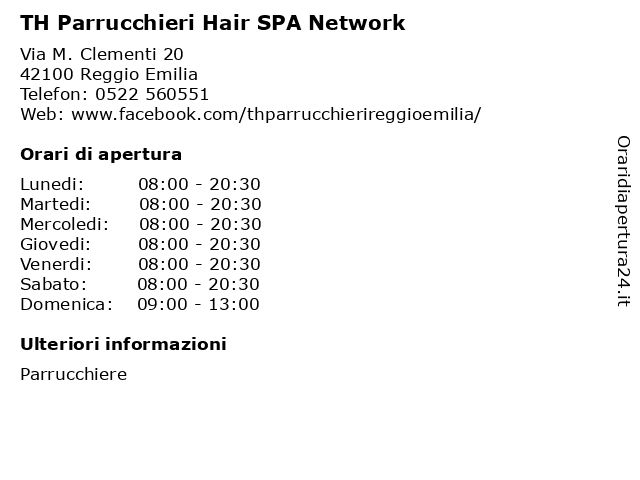 ᐅ Orari TH Parrucchieri Hair SPA Network | Via M. Clementi 20, 42100 Reggio  Emilia