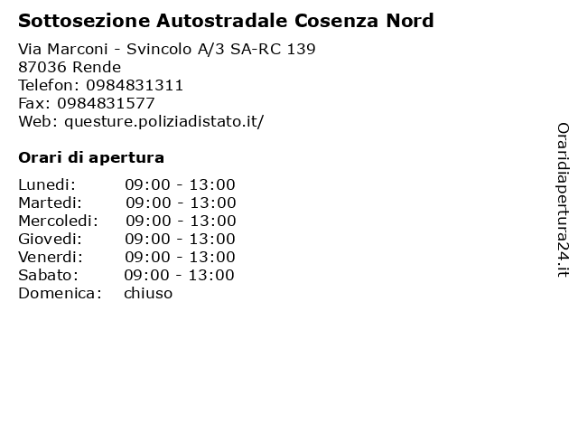 Sottosezione Autostradale Cosenza Nord a Rende: indirizzo e orari di apertura