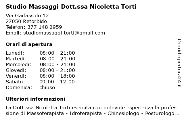 Studio Massaggi Prof.ssa Nicoletta Torti a Retorbido: indirizzo e orari di apertura