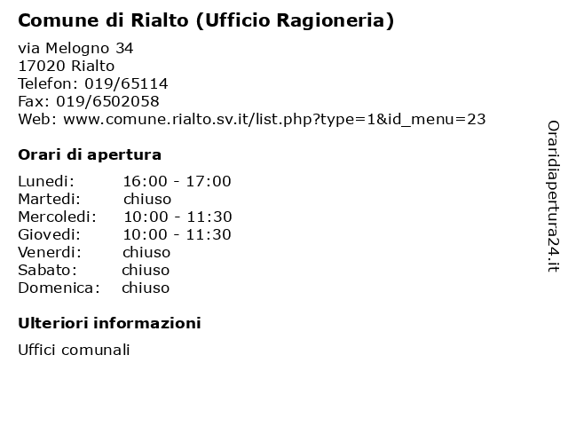 Comune di Rialto (Ufficio Ragioneria) a Rialto: indirizzo e orari di apertura