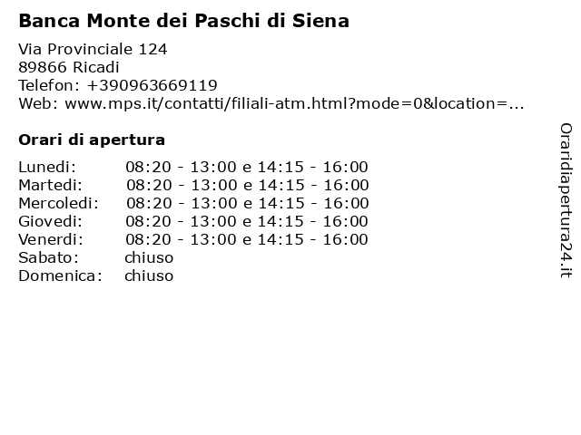 Banca Monte dei Paschi di Siena a Ricadi: indirizzo e orari di apertura