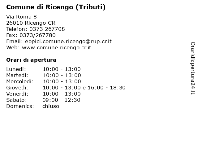 Comune di Ricengo (Tributi) a Ricengo CR: indirizzo e orari di apertura
