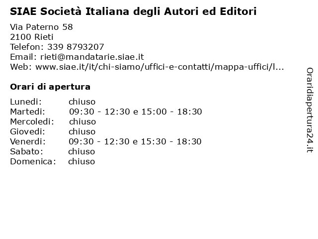 SIAE Società Italiana degli Autori ed Editori a Rieti: indirizzo e orari di apertura