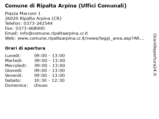 Comune di Ripalta Arpina (Uffici Comunali) a Ripalta Arpina (CR): indirizzo e orari di apertura