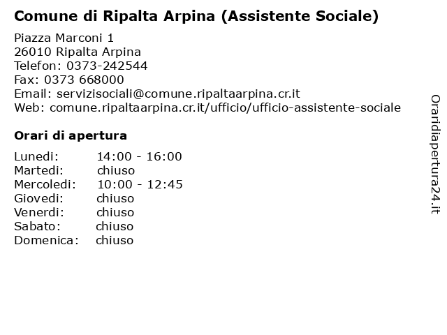 Comune di Ripalta Arpina (Assistente Sociale) a Ripalta Arpina: indirizzo e orari di apertura