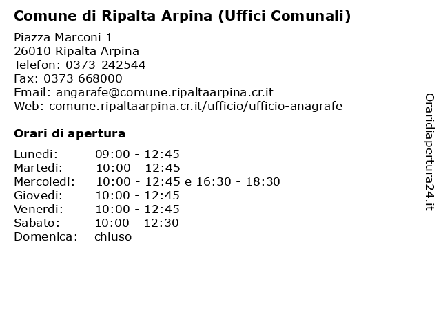 Comune di Ripalta Arpina (Uffici Comunali) a Ripalta Arpina: indirizzo e orari di apertura