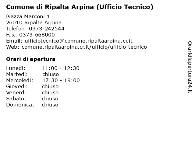 Comune di Ripalta Arpina (Ufficio Tecnico) a Ripalta Arpina: indirizzo e orari di apertura