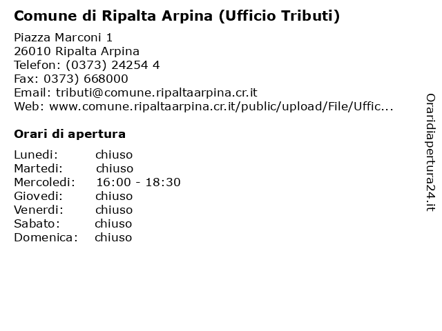 Comune di Ripalta Arpina (Ufficio Tributi) a Ripalta Arpina: indirizzo e orari di apertura