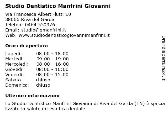 Studio Dentistico Manfrini Giovanni a Riva del Garda: indirizzo e orari di apertura