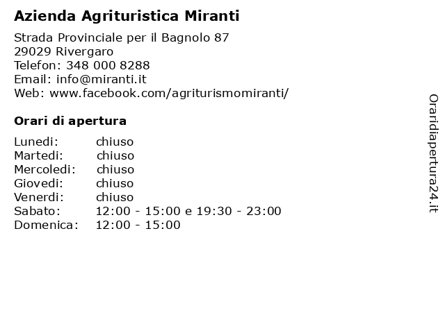 Azienda Agrituristica Miranti a Rivergaro: indirizzo e orari di apertura
