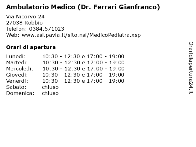 Ambulatorio Medico (Dr. Ferrari Gianfranco) a Robbio: indirizzo e orari di apertura