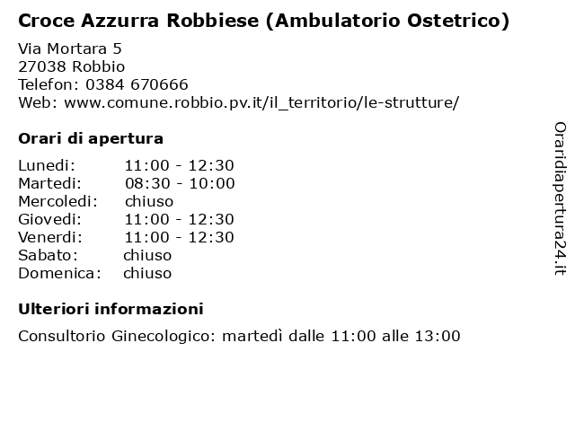 Croce Azzurra Robbiese (Ambulatorio Ostetrico) a Robbio: indirizzo e orari di apertura