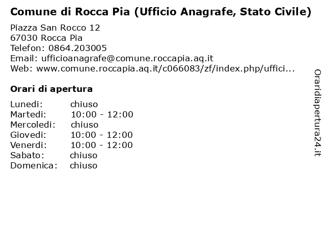 Comune di Rocca Pia (Ufficio Anagrafe, Stato Civile) a Rocca Pia AQ: indirizzo e orari di apertura