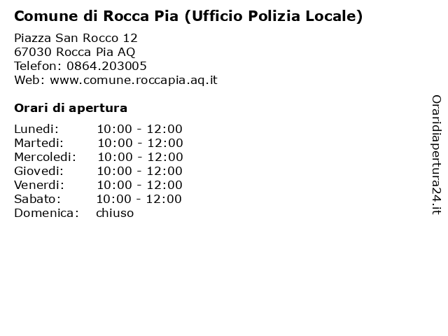 Comune di Rocca Pia (Ufficio Polizia Locale) a Rocca Pia AQ: indirizzo e orari di apertura