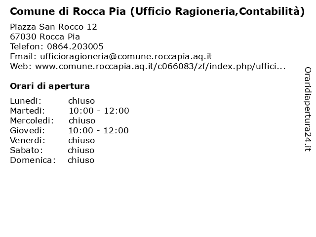 Comune di Rocca Pia (Ufficio Ragioneria,Contabilità) a Rocca Pia AQ: indirizzo e orari di apertura