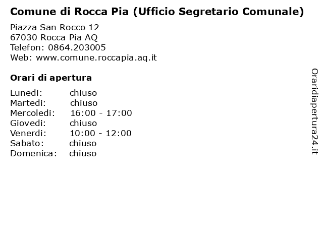 Comune di Rocca Pia (Ufficio Segretario Comunale) a Rocca Pia AQ: indirizzo e orari di apertura