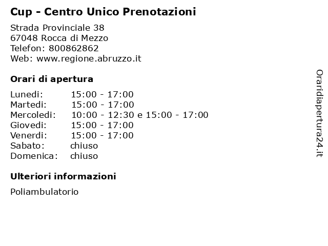 Cup - Centro Unico Prenotazioni a Rocca di Mezzo: indirizzo e orari di apertura