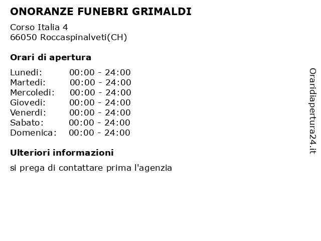 ONORANZE FUNEBRI GRIMALDI a Roccaspinalveti(CH): indirizzo e orari di apertura