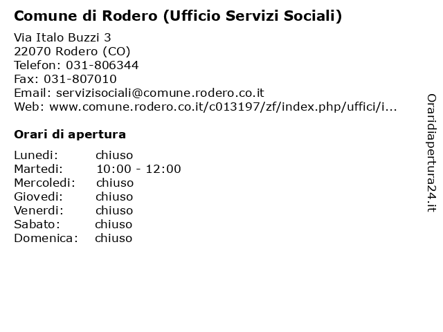 Comune di Rodero (Ufficio Servizi Sociali) a Rodero (CO): indirizzo e orari di apertura