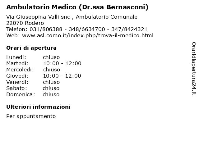 Ambulatorio Medico (Dr.ssa Bernasconi) a Rodero: indirizzo e orari di apertura