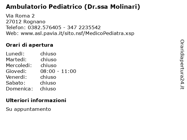 Ambulatorio Pediatrico (Dr.ssa Molinari) a Rognano: indirizzo e orari di apertura