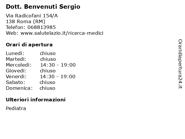 Dott. Benvenuti Sergio a Roma (RM): indirizzo e orari di apertura