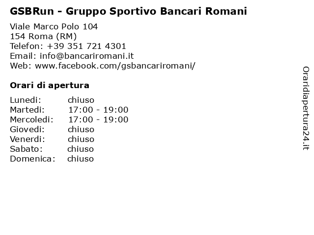 GSBRun - Gruppo Sportivo Bancari Romani a Roma (RM): indirizzo e orari di apertura