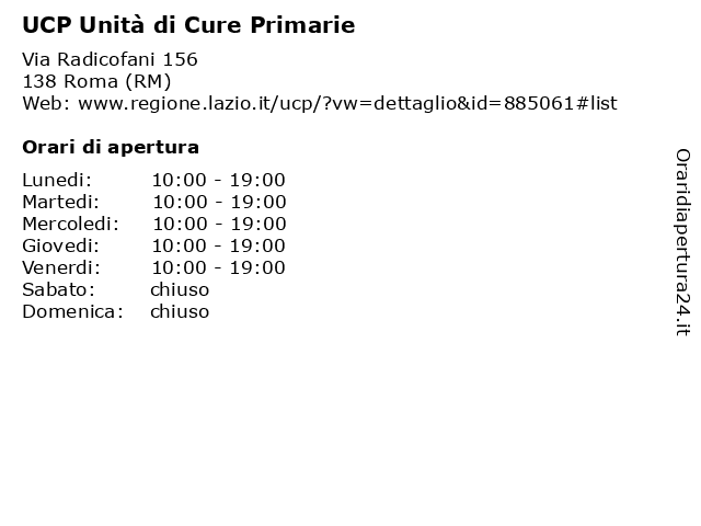 UCP Unità di Cure Primarie a Roma (RM): indirizzo e orari di apertura