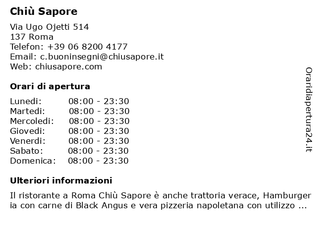 Chiù Sapore a Roma: indirizzo e orari di apertura