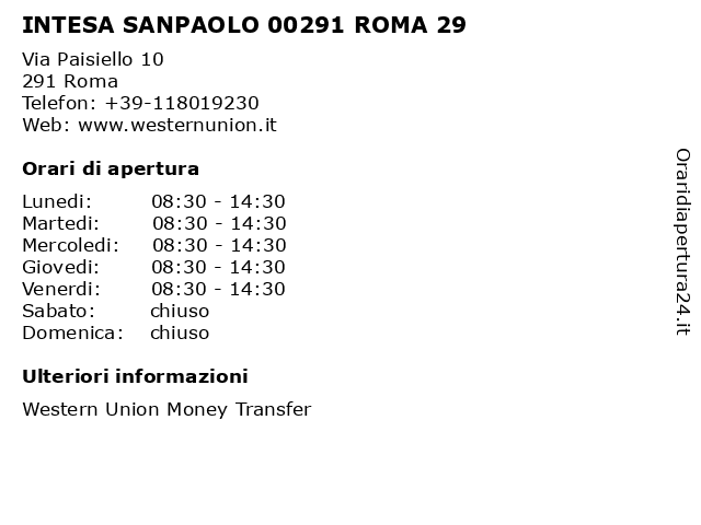 á… Orari Di Apertura Intesa Sanpaolo 00291 Roma 29 Via Paisiello