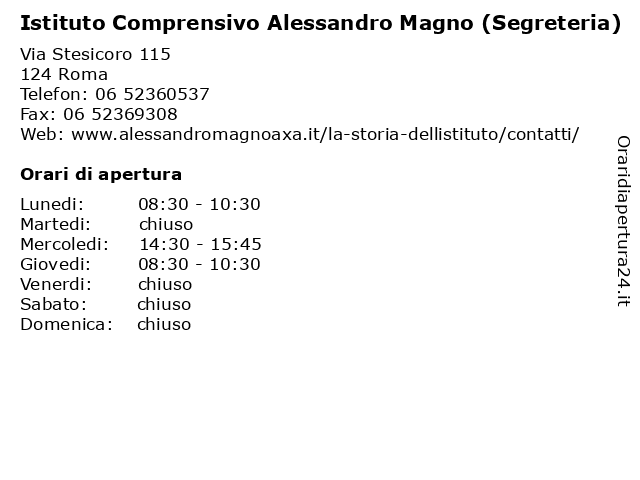 ᐅ Orari Istituto Comprensivo Alessandro Magno Segreteria Via Stesicoro 115 Roma