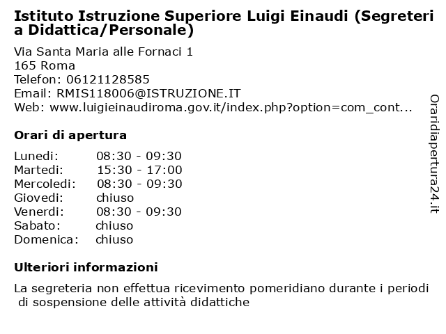 Istituto Istruzione Superiore Luigi Einaudi (Segreteria Didattica/Personale) a Roma: indirizzo e orari di apertura