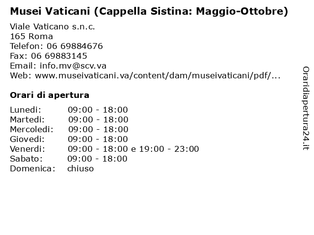 Musei Vaticani (Cappella Sistina: Maggio-Ottobre) a Roma: indirizzo e orari di apertura