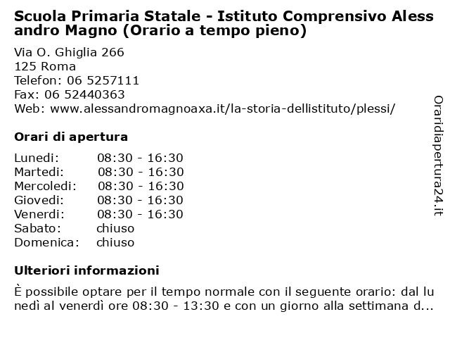 ᐅ Orari Scuola Primaria Statale Istituto Comprensivo Alessandro Magno Orario A Tempo Pieno Via O Ghiglia 266 Roma