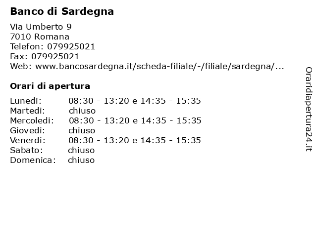 Banco Di Sardegna a Romana: indirizzo e orari di apertura