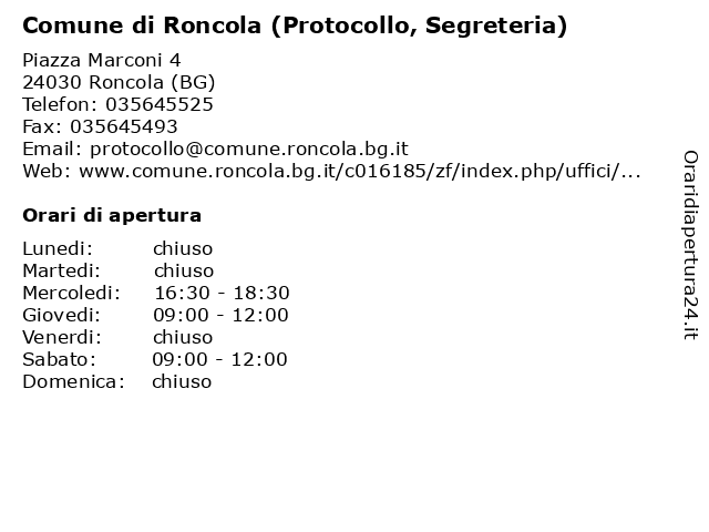Comune di Roncola (Protocollo, Segreteria, Anagrafe, Stato Civile, Servizio Elettorale e Ragioneria) a Roncola (BG): indirizzo e orari di apertura