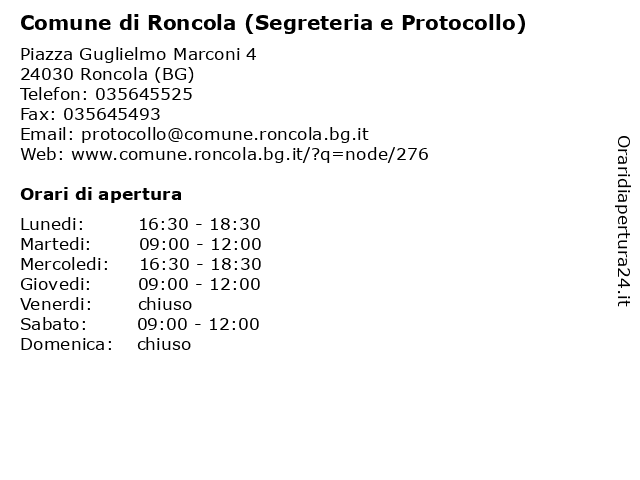 Comune di Roncola (Segreteria e Protocollo) a Roncola (BG): indirizzo e orari di apertura