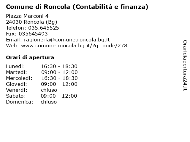 Comune di Roncola (Contabilità e finanza) a Roncola (Bg): indirizzo e orari di apertura