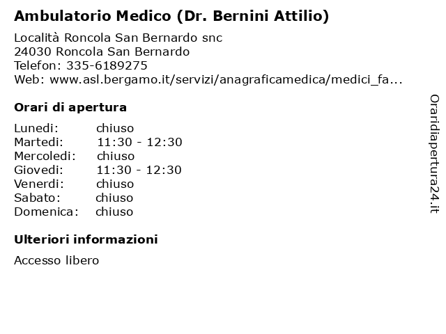 Ambulatorio Medico (Dr. Bernini Attilio) a Roncola San Bernardo: indirizzo e orari di apertura