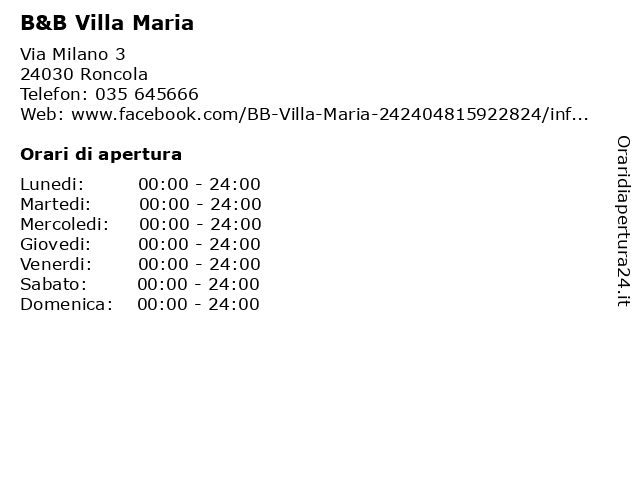 B&B Villa Maria a Roncola: indirizzo e orari di apertura