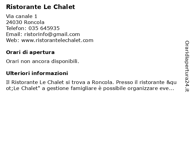 Ristorante Le Chalet a Roncola: indirizzo e orari di apertura